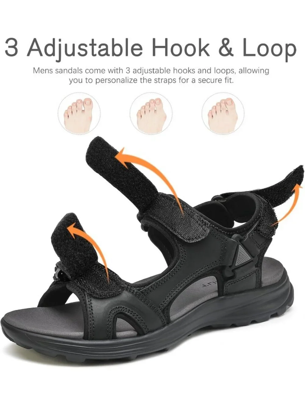 Men's Black Adjustable Strap Open Toe Leather Athletic Sport Hiking Sandal Shoes
